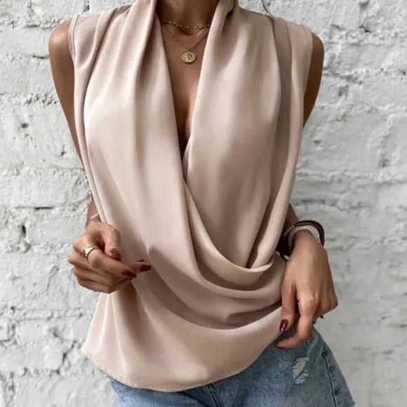 Luxe Satin Overlap Wrap Sleeveless Work Office Top - Picture 5 of 9